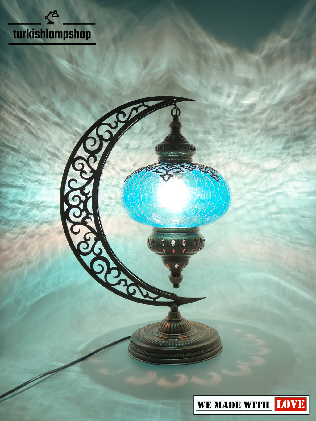 Turkish Clear Glass Table Lamp Moon Design Laser Cut - turkishlampshopTurkish Clear Glass Table Lamp Moon Design Laser Cut