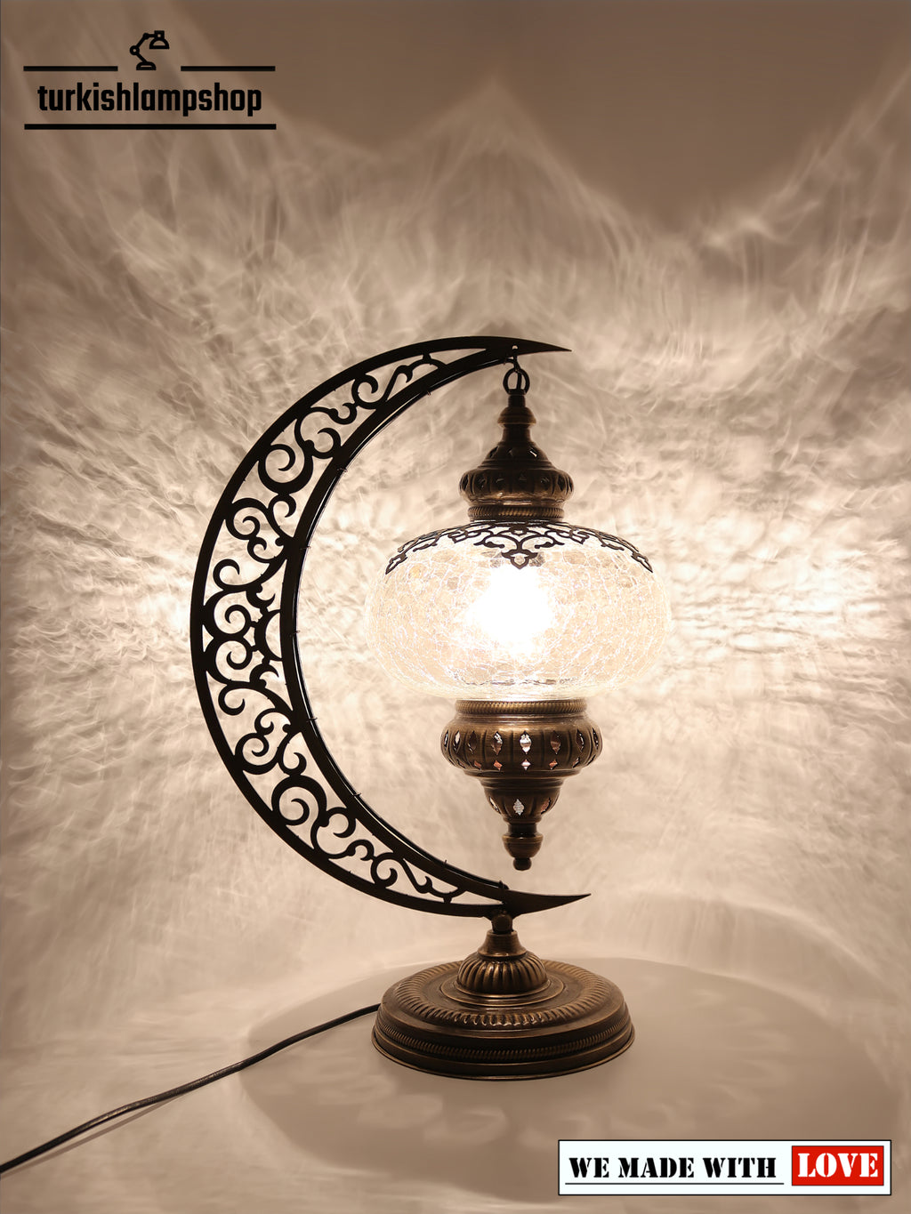 Turkish Clear Glass Table Lamp Moon Design Laser Cut - turkishlampshopTurkish Clear Glass Table Lamp Moon Design Laser Cut
