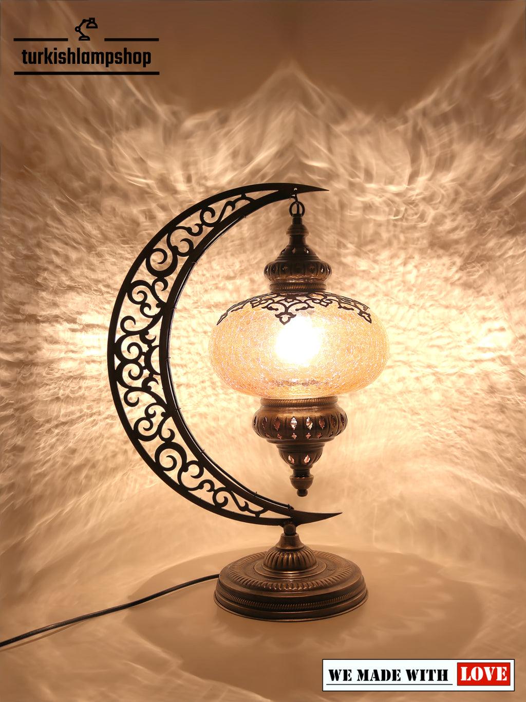 Turkish Clear Glass Table Lamp Moon Design Laser Cut - turkishlampshopTurkish Clear Glass Table Lamp Moon Design Laser Cut
